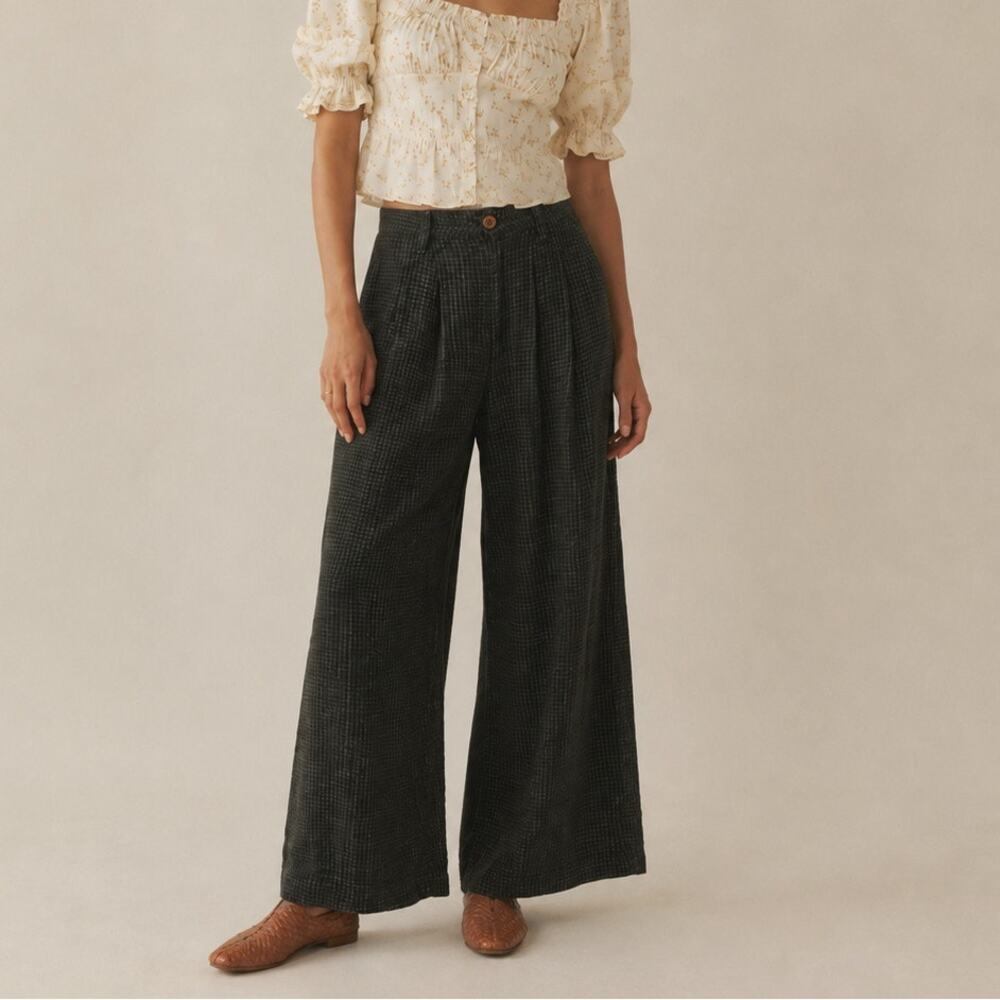 Christy Dawn Women's Wide Leg Pleated Pants Green check size Large